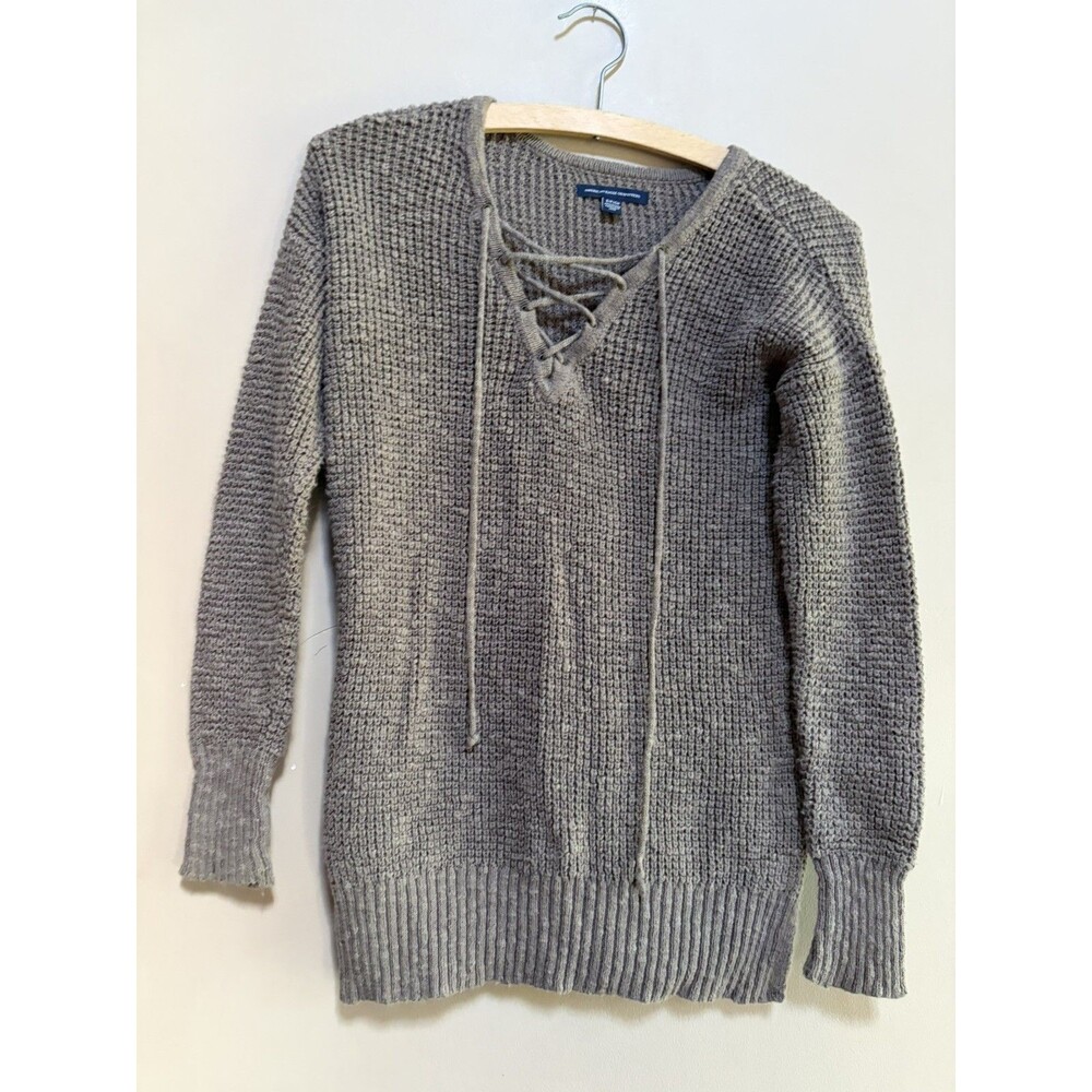 American Eagle Women's Brown Small Lace Up Waffle Knit Sweater Cotton Blend